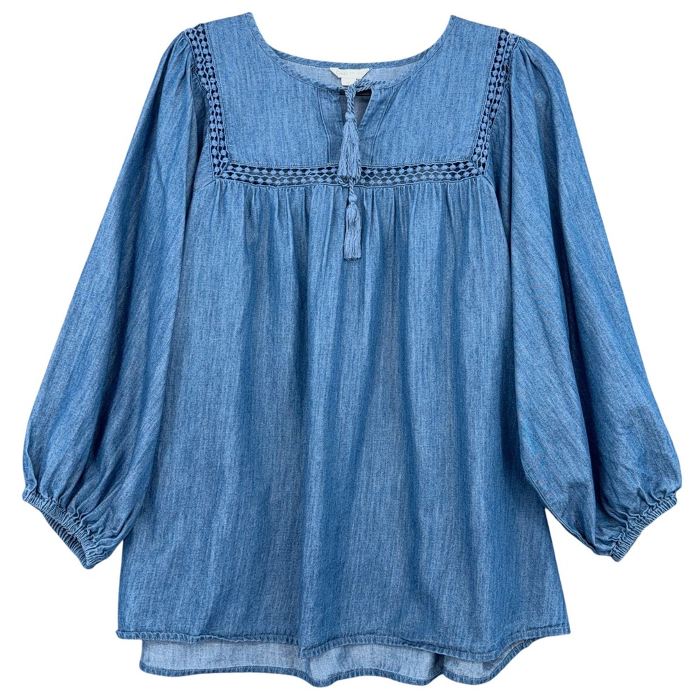 Cato Peasant Blouse Women XL Cotton Lyocell Blue Denim Look Tassel Tie